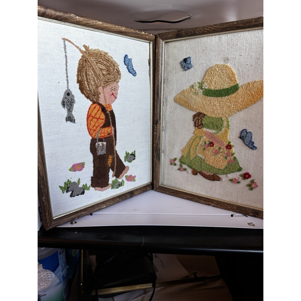 Vintage Crewel Embroidered Picture Girl And Boy 1970's Wood Framed Lot of 2 A12